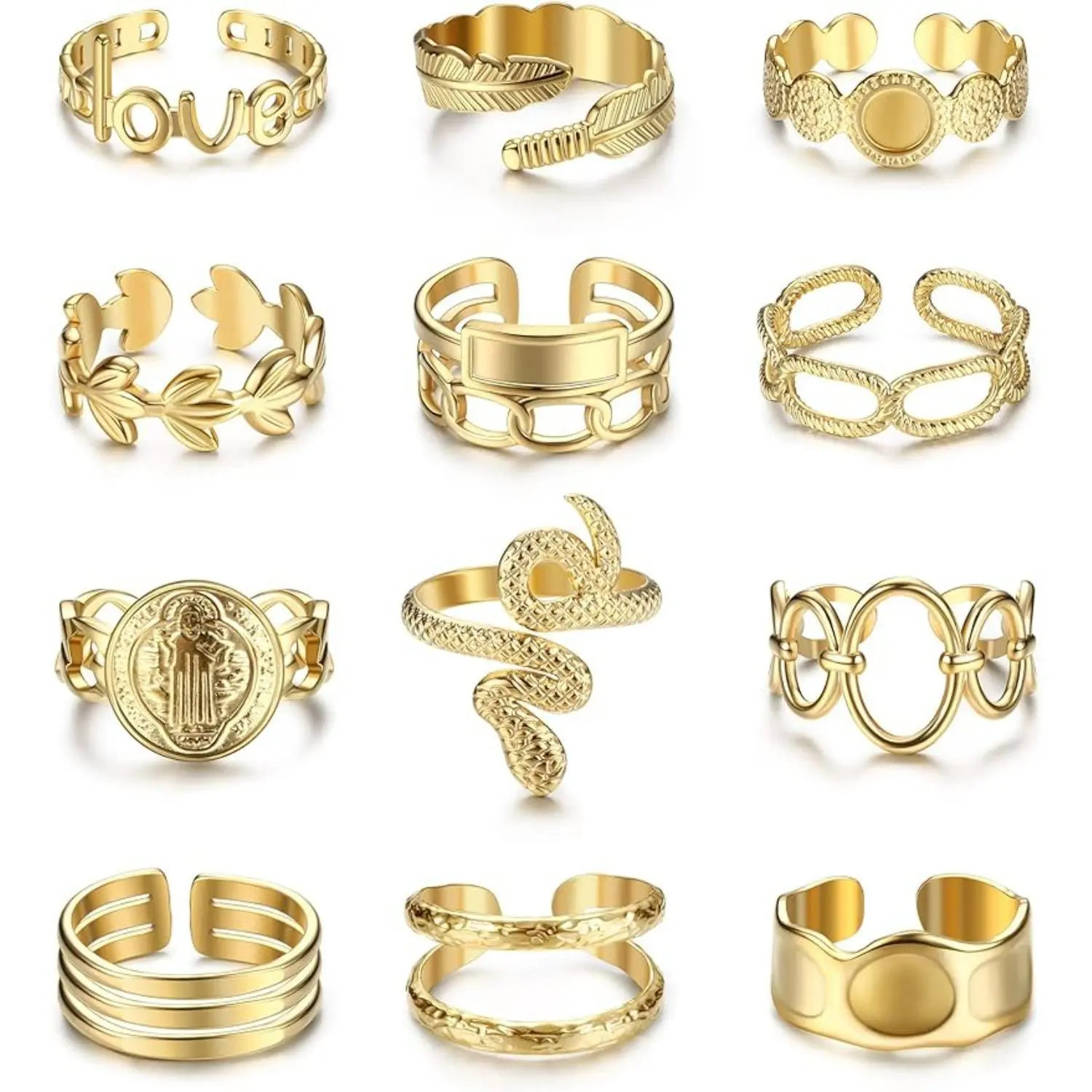 FLORIDECO Women's 12-Pcs Non-Tarnish Stainless Steel Boho Stackable Rings Set - Adjustable Open Midi, Unique Twisted Signet Design, Gold Compact Multi-Finger Daily Jewelry (Tarnish Proof Jewelry),summerwins Trendy Jewellery Accessories