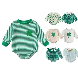 Baby St. Patrick's Day Clothes Green & White Striped Long Sleeve Bodysuit with Clover Embroidered Festive Outfit for 0-18M Celebrations Ready Stock DY395-A