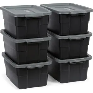 Rubbermaid 6-Pack Heavy Duty Durable 3 GAL Totes for Storage with Snap Lids and Handles, Plastic Storage Bins Stackable Black Gray for Home and Garage (3 GAL - 6 Pack Solid Black and Grey)