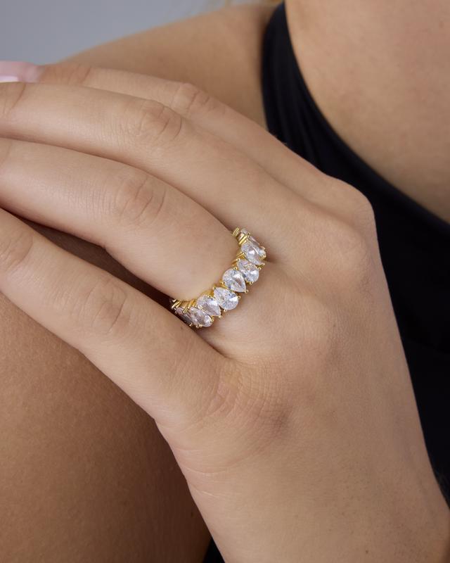 PAVOI 14K Gold Plated Pear Love Eternity Rings for Women - Gold Cubic Zirconia Ring - Bridal Eternity Wedding Band Ring