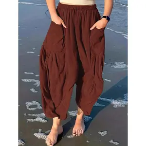 Women’s flat-needle drawstring-waist harem pants; casual beach pants; casual elastic-waist pocket pants; suitable for everyday wear; women’s underwear/garment for all seasons