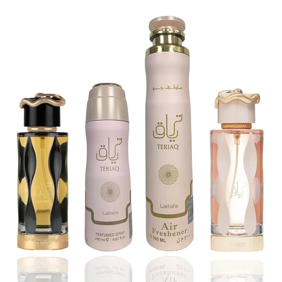 Lattafa Teriaq 4-Piece Fragrance Bundle - Scented Aroma Perfume, Air Freshener, Deodorizing Deodorant, and Intense Fragrance Product, Aromatic Scent, Scented Home Fragrance