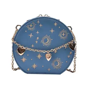 Women's Retro Embroidered Small Round Bag - Stars and Moon Design - Hand-held Love Chain Handbag