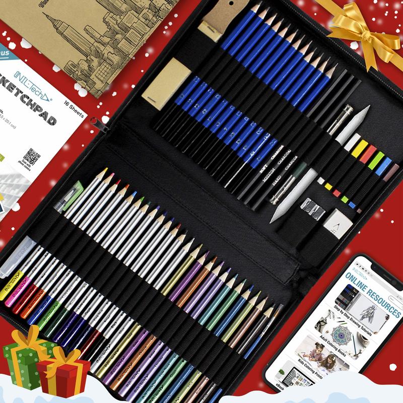 NIL-Tech 55-Piece Premium Drawing & Coloring Art Kit - Charcoal andGraphite Pencils, Watercolor Pencils with Water Brush, Travel Sketchbook, Digital Tutorial Library