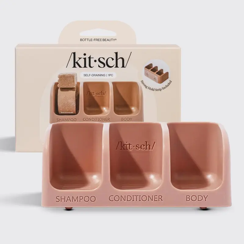 Kitsch Self-Draining Soap Dish – Recycled Plastic Holder for Shampoo, Conditioner, and Body Wash Bars, Holds 3 Bars with Removable Suction Cups