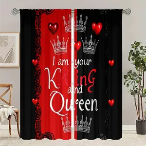 Vintage Valentine Crown Print Curtains, 2-Piece Set, Polyester Material, Suitable for Bedroom, Living Room, Office, Home Decor