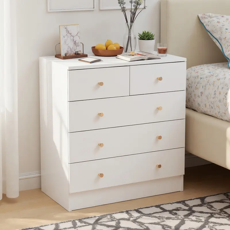 Spaco White 5-Drawer Modern Home Bedroom Dresser - Gold-Touch Sturdy Durable Wood Cabinet, Gold Handles, Ball Bearing Slides, 22.83"w x 10.03"d x 3.54"h Drawers, Quick Top Access, All Hardware Incl., Easy to Assemble Small Space Solution