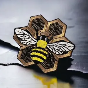 Bee on Honeycomb Patch - 4.48" x 4.98" - Iron On or Sew On