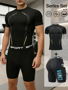 Men's Tech Print Quick-Dry Sports Set, Sporty Style, Tight-Fit Elastic Vest + Pocket Shorts, Running, Basketball, Fitness, Rugby, Gift for Brothers