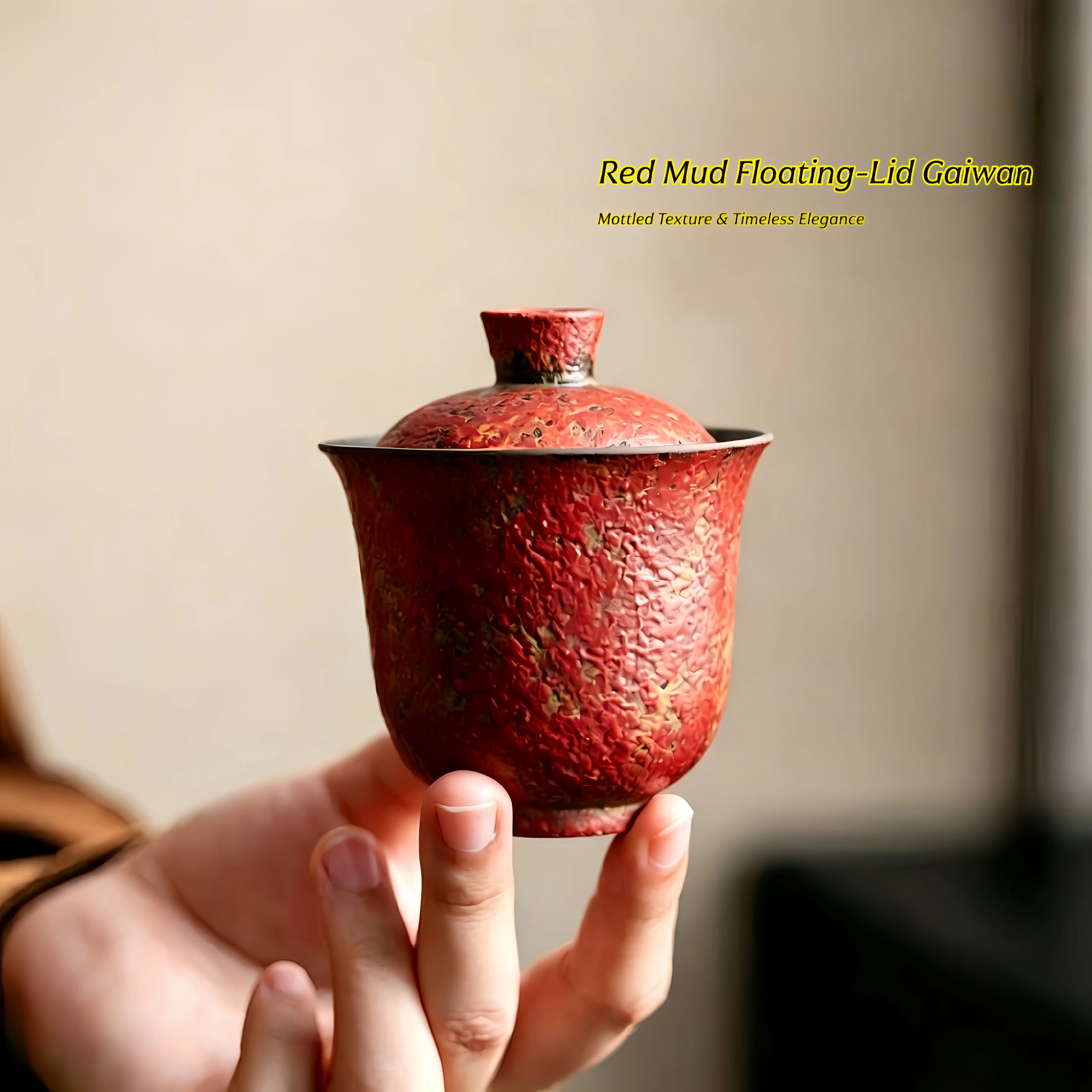 Jianzhan Collectible Clay Tea Gaiwan - Self-Stable, Chinese Handcrafted Hillside-Red Ochre Glaze Cultural Item with Mottled Specks, Traditional Craft, Oriental Charm, Comfortable Hand-Held Feel