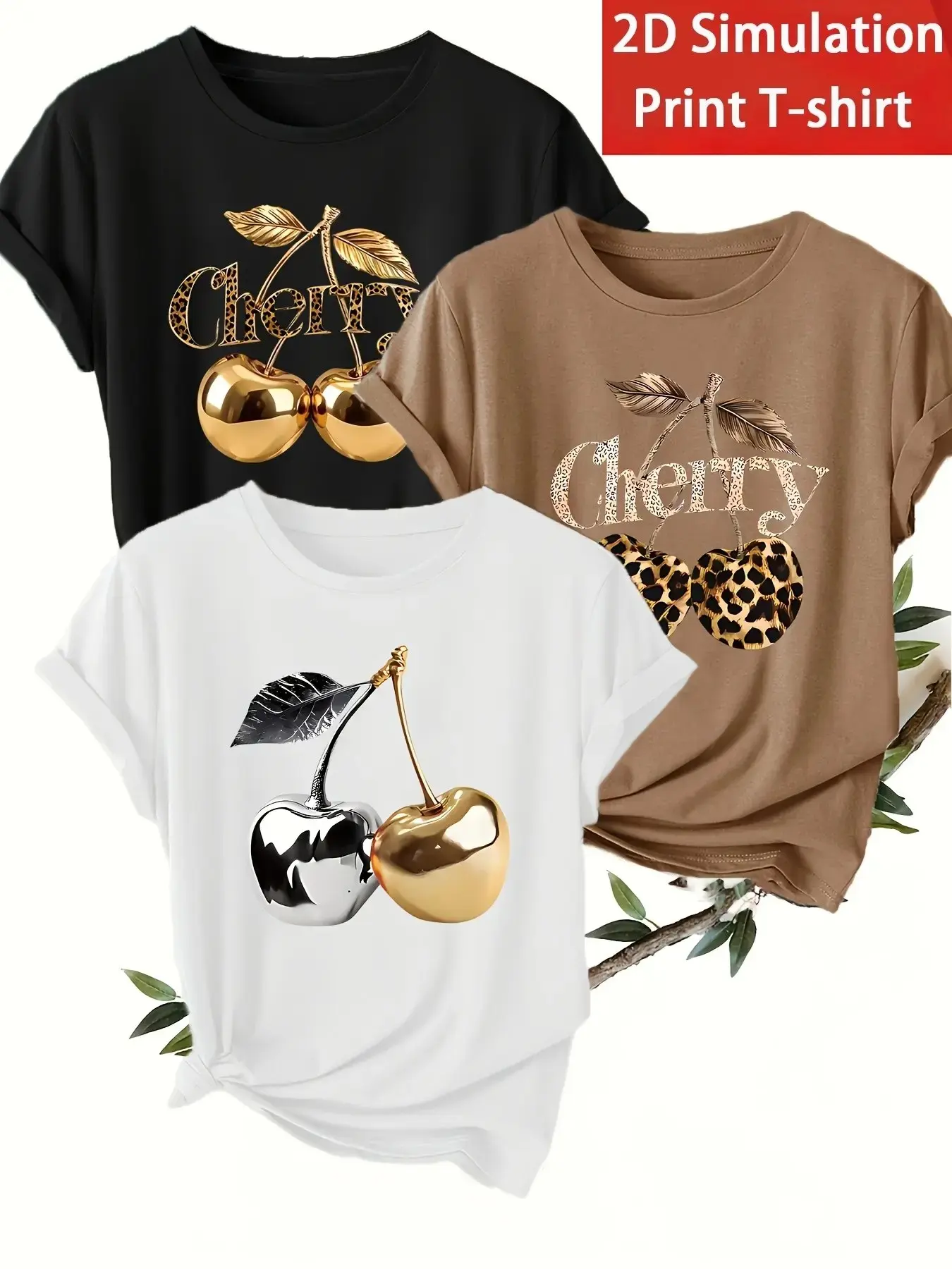 Women's Casual Printed T-Shirt with Cherry Pattern Print, Polyester Round Neck Short Sleeve Top, Comfortable for Spring Summer, Casual Tops