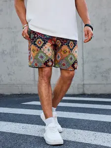 Men's Geometric Jacquard Print Casual Half-Length Pants, Loose Straight Fit Elastic Breathable Trendy Shorts, 1 Piece Pack