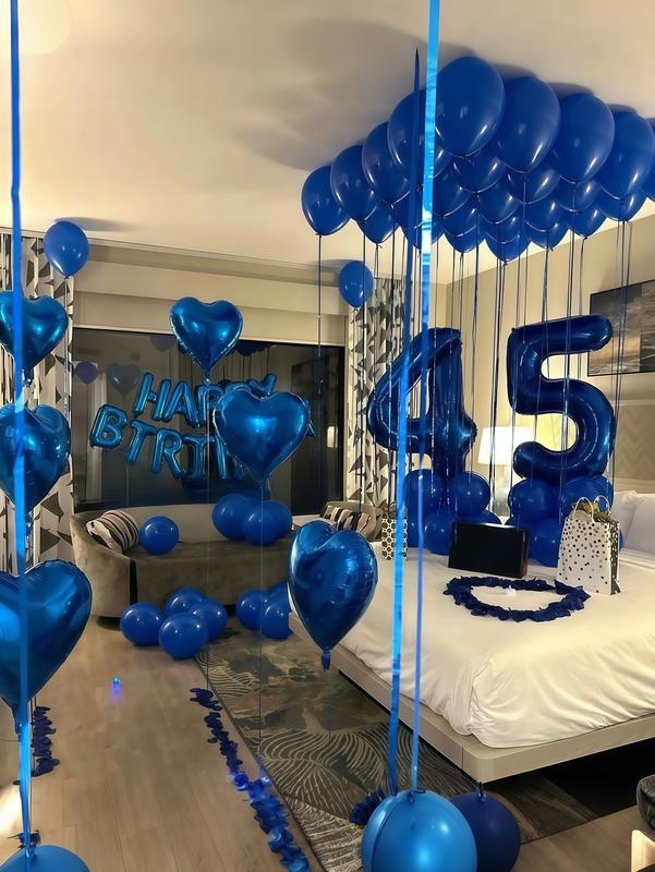 540PCS Blue Happy Birthday Balloon Banner Set – 40" Foil Number Balloons, Blue Heart Balloons & Fake Blue Rose Petals, Blue Theme Birthday Party Decorations for Men & Women
