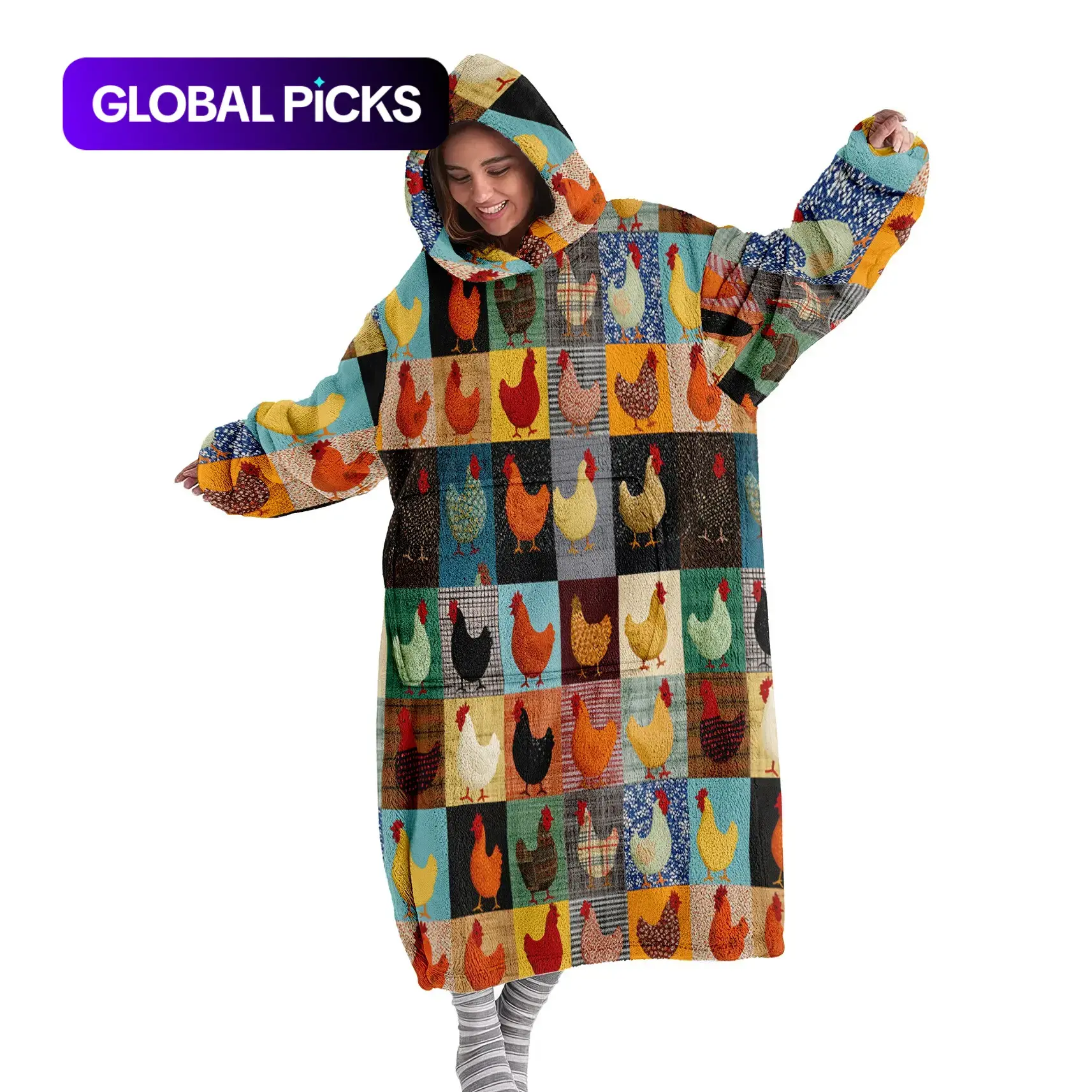 Cozy Patchwork Style Chicken Hoodie Blanket, Farmhouse Theme Wearable Hooded Throw, Soft Warm Flannel Blanket for Sofa, Air-Conditioned Naps, Camping and Travel, Christmas Gift, Blanket for Couch #GLOBAL PICKS
