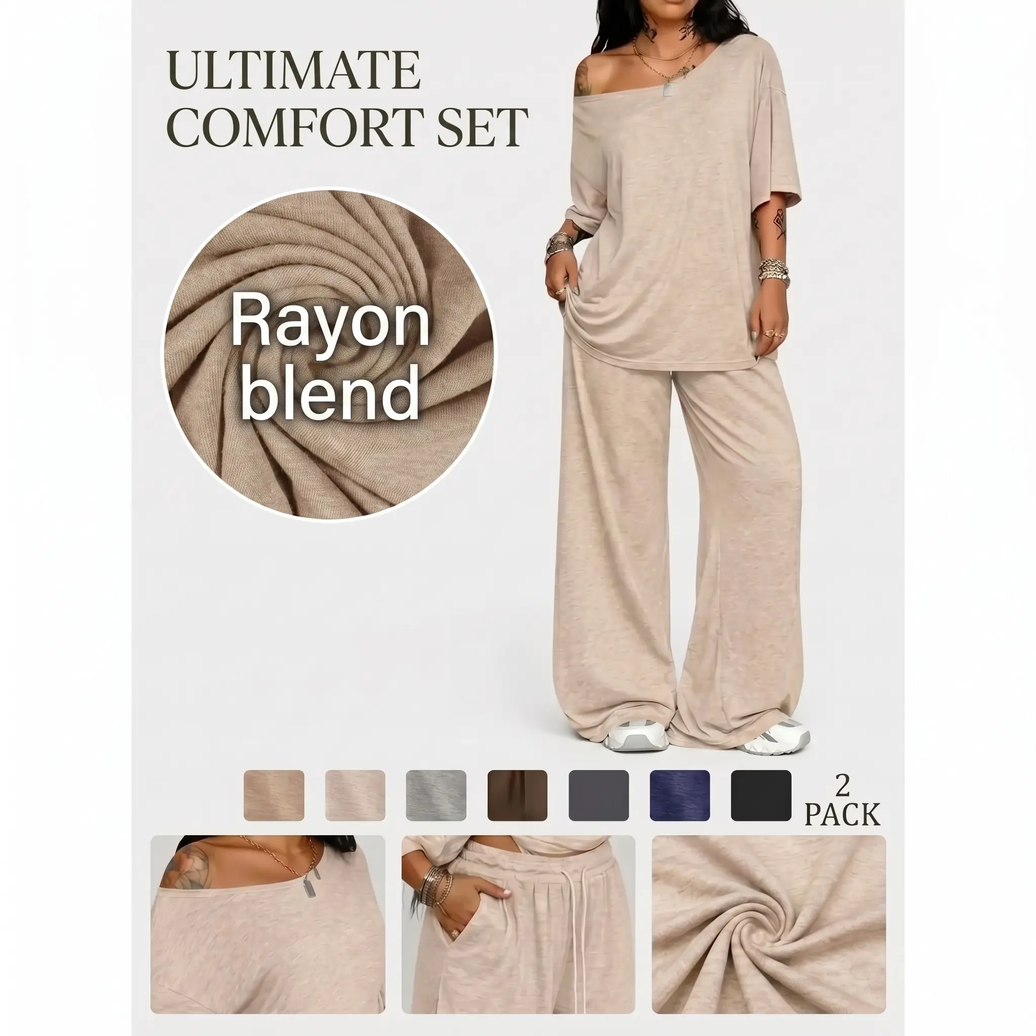 VVZ 2026 Women's Off-Shoulder Short Sleeve Top + High Waist Wide Leg Pants 2-Piece Set, Rayon Mild Stretch Casual Jogging Outfit