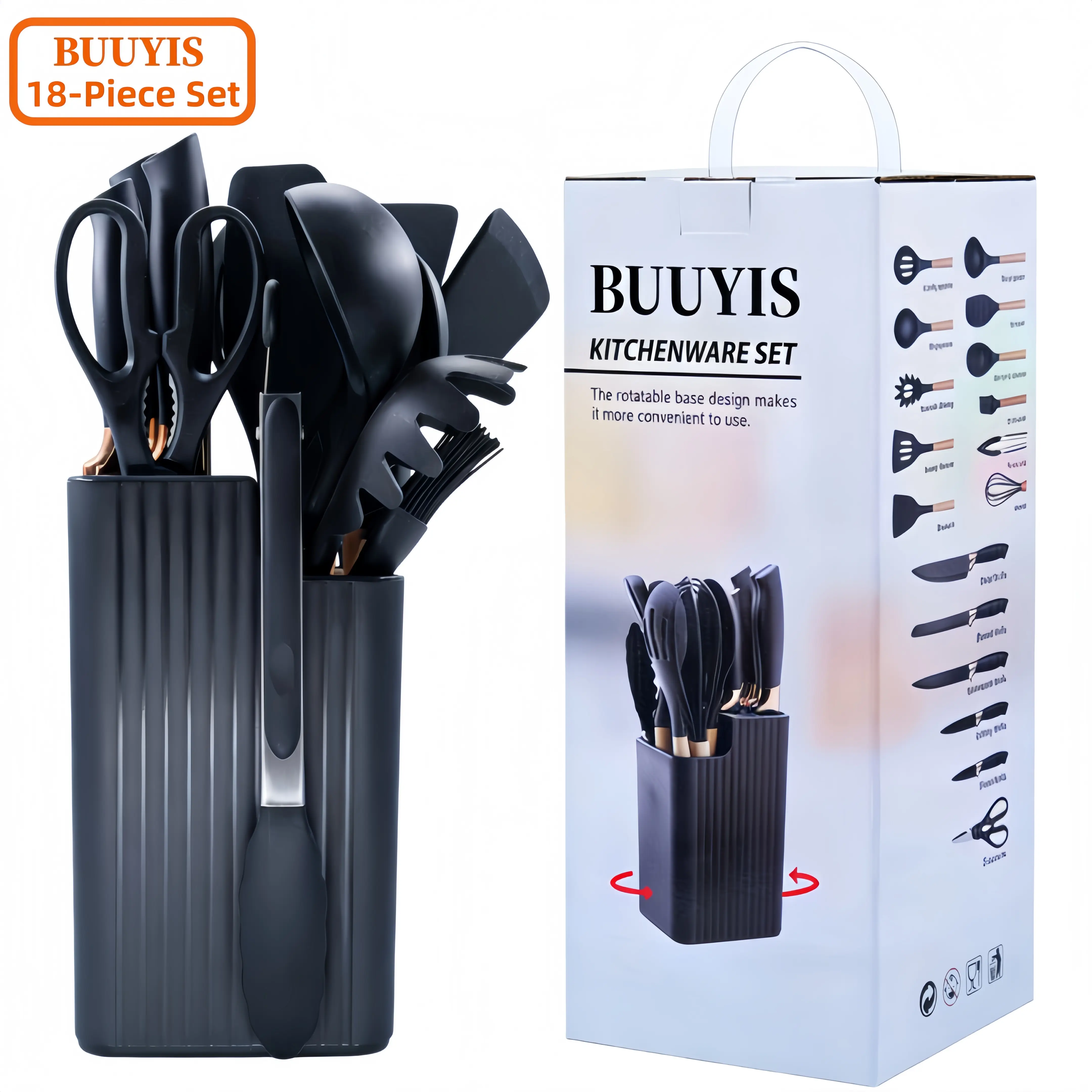 BUUYIS 18-Piece Kitchen Utensil Set with Rotating Storage Caddy - Durable, Heat-Resistant, BPA-Free Matte Silicone Kitchen Accessories - Nonscratch, Unmeltable, Oven-Safe, Non-Stick Compatible - Includes 11 Utensils, 5 Sharp Knives, 1 Scissors Pair, Perfe