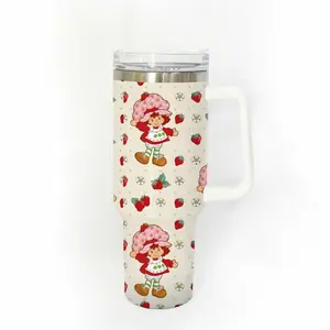 Quality 40oz Stainless Steel Tumbler, 1 Count Strawberry Shortcake Pattern Insulated Water Bottle, Stainless Steel Thermos, Stainless Steel Flask, Drinking Cup for Home Office School, Boyfriend Gift, Drinkware, Summer Cool Bottle - Quick Delivery
