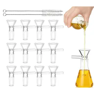12PCS 14mm Glass Bowl, Multi-Purpose & High Strength Borosilicate Glass Funnel- Easy Pouring for Liquids and Oils, 2 Cleaning Brushes for Easy Clean, Ergonomic Handle for Kitchen and DIY
