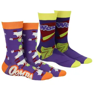 Willy Wonka Socks Oompa Loompa and Wonka Designs Adult Mid Calf Crew Socks 2 Pair Fits Shoe Size 8-12