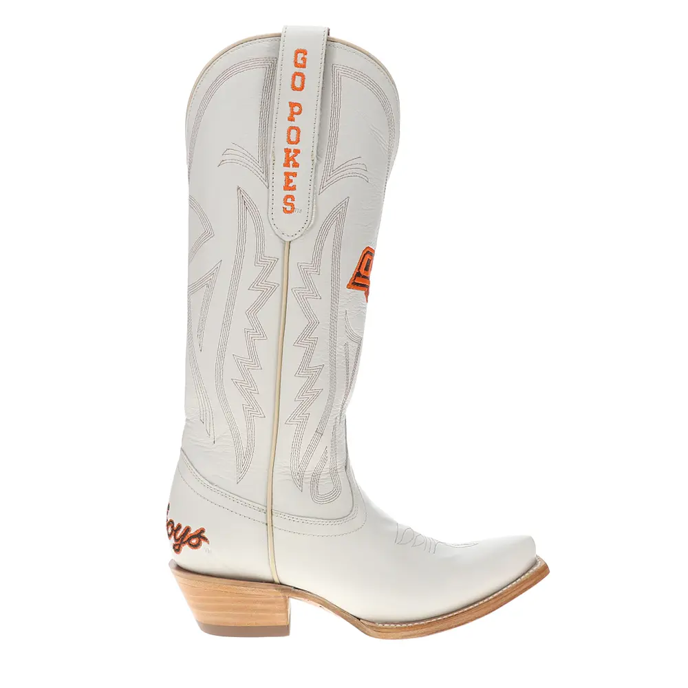 Gameday Boots Womens Oklahoma State University Gameday Embroidered Snip Toe Pull On  Casual Boots Mid Calf Low Heel 1-2" - Off White