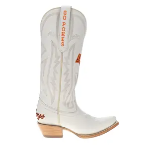 Gameday Boots Womens Oklahoma State University Gameday Embroidered Snip Toe Pull On  Casual Boots Mid Calf Low Heel 1-2" - Off White