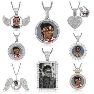 ⑦④Space ice Custom Photo Pendant Necklace | Solid metal Base with Cubic Zirconia | Multiple Shape Options (Winged/Circular/Heart/Rectangle/Crown) | Personalized Hip Hop Jewelry for Men Women