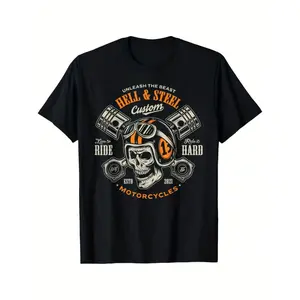 men's women'sMotorcycle Graphic T-Shirt - Breathable Round Neck Tee with Skull & Gears Design, "Build The Breed" Slogan - Black Biker Apparel for Summer Outdoor Activities & Motorcycle Enthusiasts, Casual Riding Gear, Edgy Streetwearndx1023-37