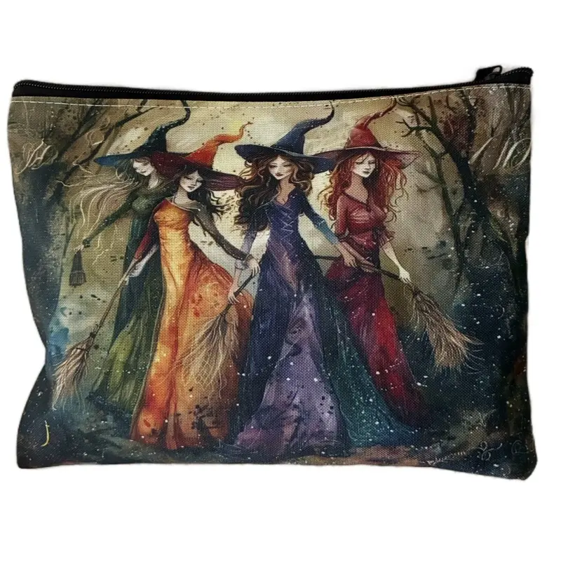 Vintage Style Halloween Witches Feminine Energy Double Sided Zip Makeup Bag with Colorful Witch Illustration Design