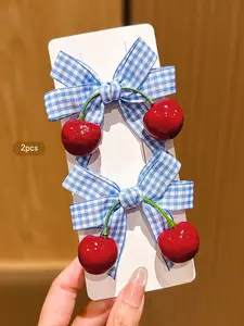 Cute Cherry Bow Hair Clips Set of 2, Daily Wear Accessories, Adorable Design, Perfect for Casual, Women's Fashion Jewelry