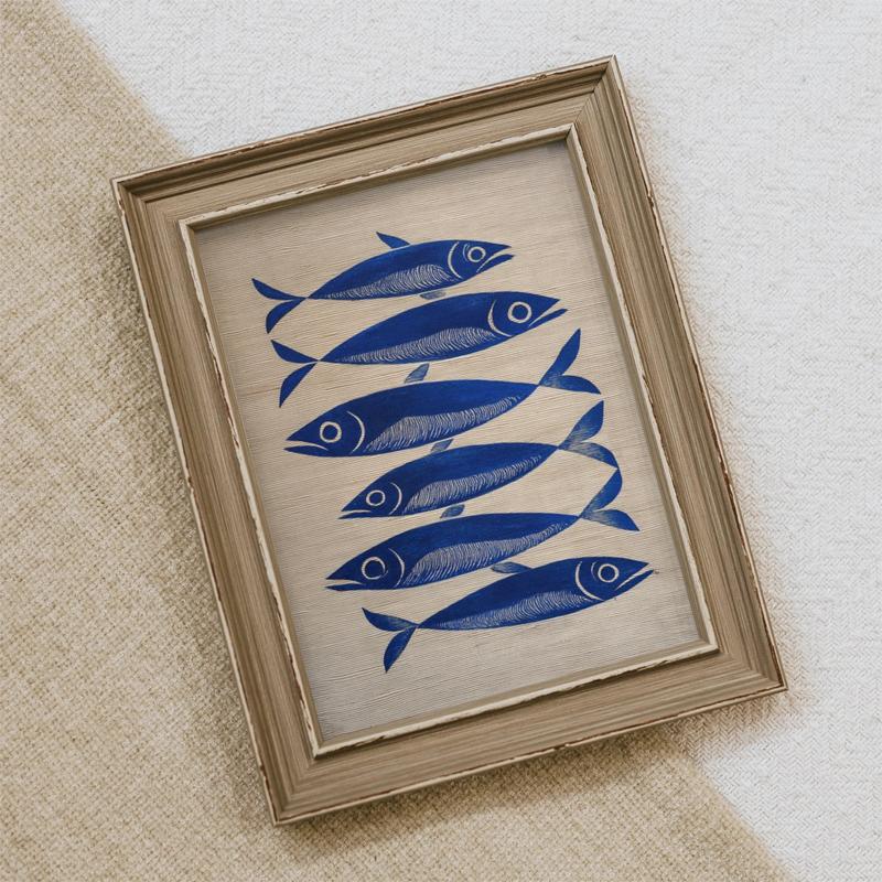 [SALE UP TO 50% + FREE SHIP] - Blue Ink Sardine Striped Oil Painting Wall Art Print, Stripes Trendy Aesthetic Kitchen Art, Sardine Kitchen Art, Antique Fish Art Printable