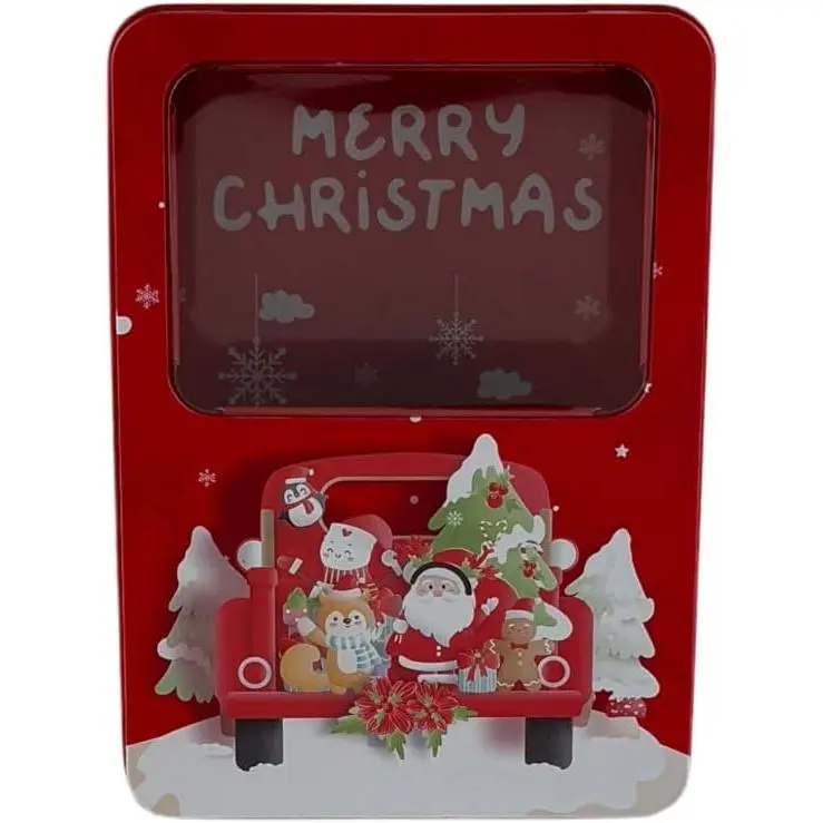 Christmas Metal Tin Box with Lid, Red Santa Claus Design | Clear window lid to display treats inside, Festive Santa & red truck Christmas print