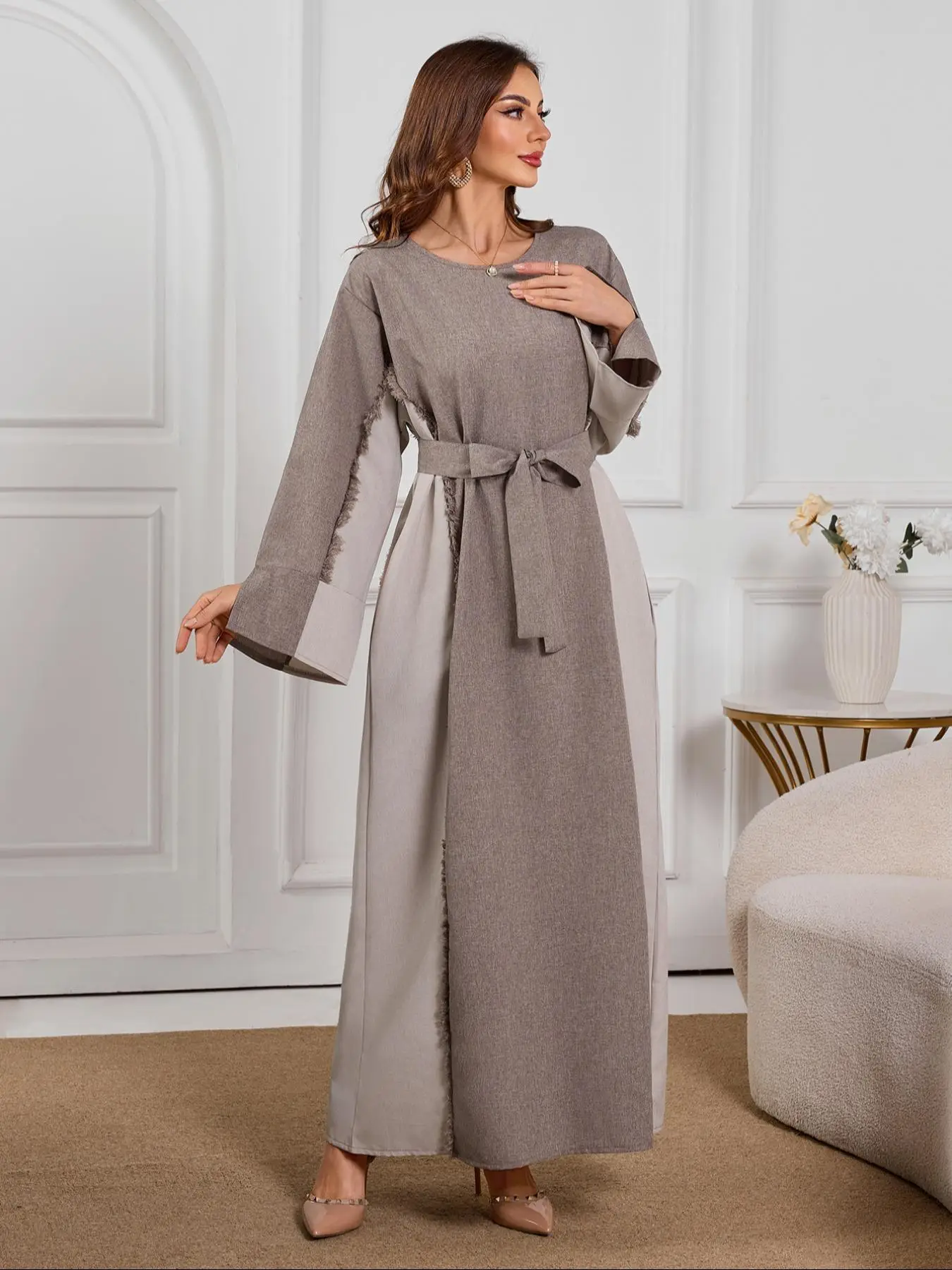 Women's Colorblock Belted Split Sleeve Long Dress, Modest Elegant Long Sleeve Round Neck Dress for Daily Wear, Ladies Islamic Clothing for All Seasons