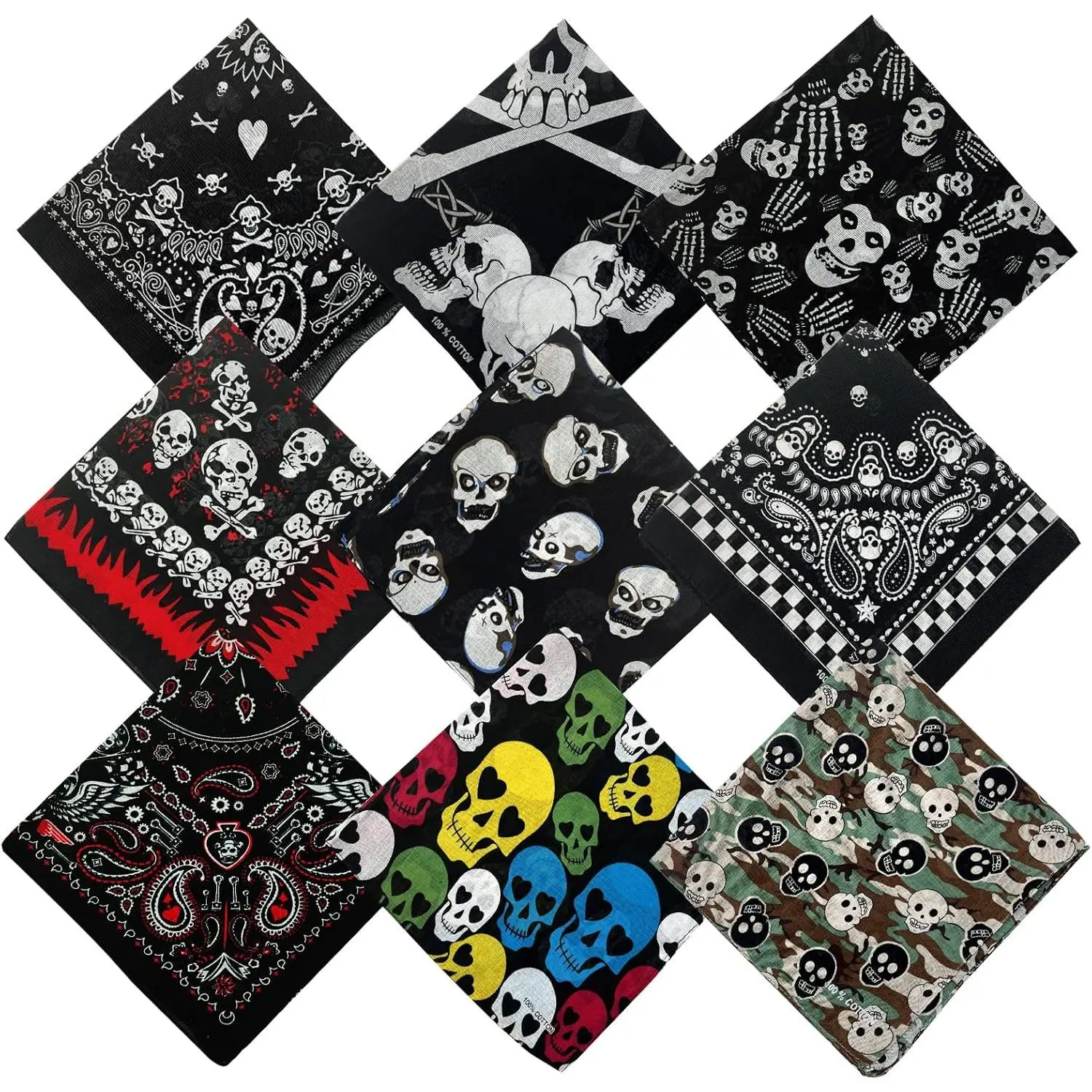 9 Pack Skull Bandanas Cotton Headwraps Wristband 22" x 22"   Cover for Running Cycling Hiking Halloween and other holiday decoration