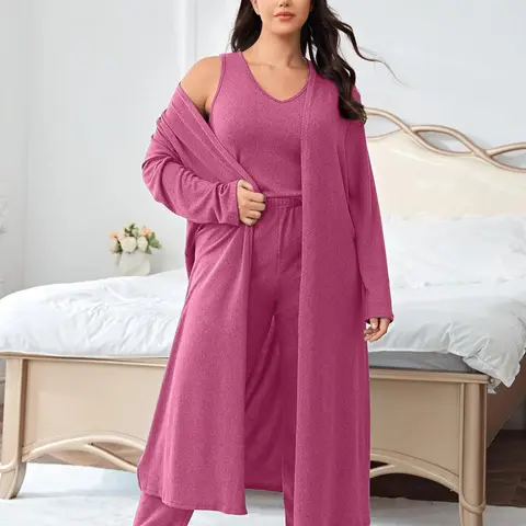 Plus Size Solid V Neck Tank Top & Elastic Waist Pants & Open Front Lounge Robe Set, Casual Comfy Sleepwear Set, Women's Sleepwear for All Seasons, Loungewear Outfit
