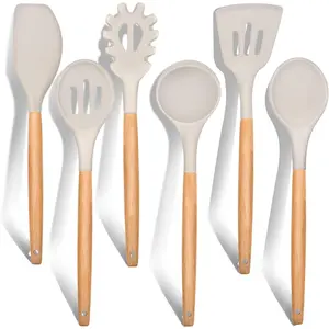 Cooking Utensils Set of 6, Silicone Kitchen Utensils with Wooden Handle, Non-stick Cookware Friendly & Heat Resistant, Includes Spatula Ladle Slotted Turner Serving Spoon Spaghetti Server (Khaki)