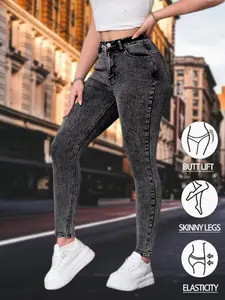 Women's High-Waisted Skinny Jeans, Gray Acid-Wash High-Stretch Denim Pants, Butt-Lifting Slimming & Hip Hugging Design, Casual Ankle-Length Trousers, Soft & Comfortable for Casual Wear, Versatile All-Season Fashion Bottoms