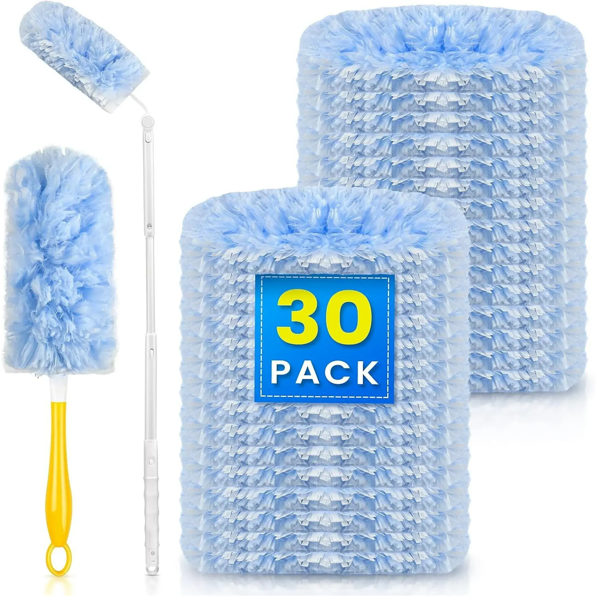 30 Count Heavy Duty Duster Compatible with Swiffer Duster, Disposable Microfiber Duster Refills with 1 Short Handle and 1 Extendable Handle Cleaning