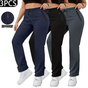 Women’s 3-Pack Summer High-Waist Straight-Leg Casual Jogger Pants with Zipper Pockets Women’s 3-Pack Summer High-Waist Straight-Leg Casual Jogger Pants with Zipper Pockets