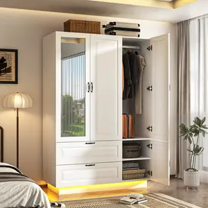 70.3" H 3-Door Wardrobe Armoire with Mirror & LED Lights, Modern Wooden Closet with 2 Drawers, Large Freestanding Storage Cabinet