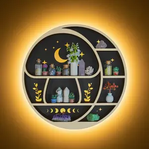 FNYDOX Circle Mushroom on The Moon Wall Shelf with LED Light Wooden Trinket Knick Knack Shelf for Rocks Gems Healing Stones Cute Crystal Holder Organizer