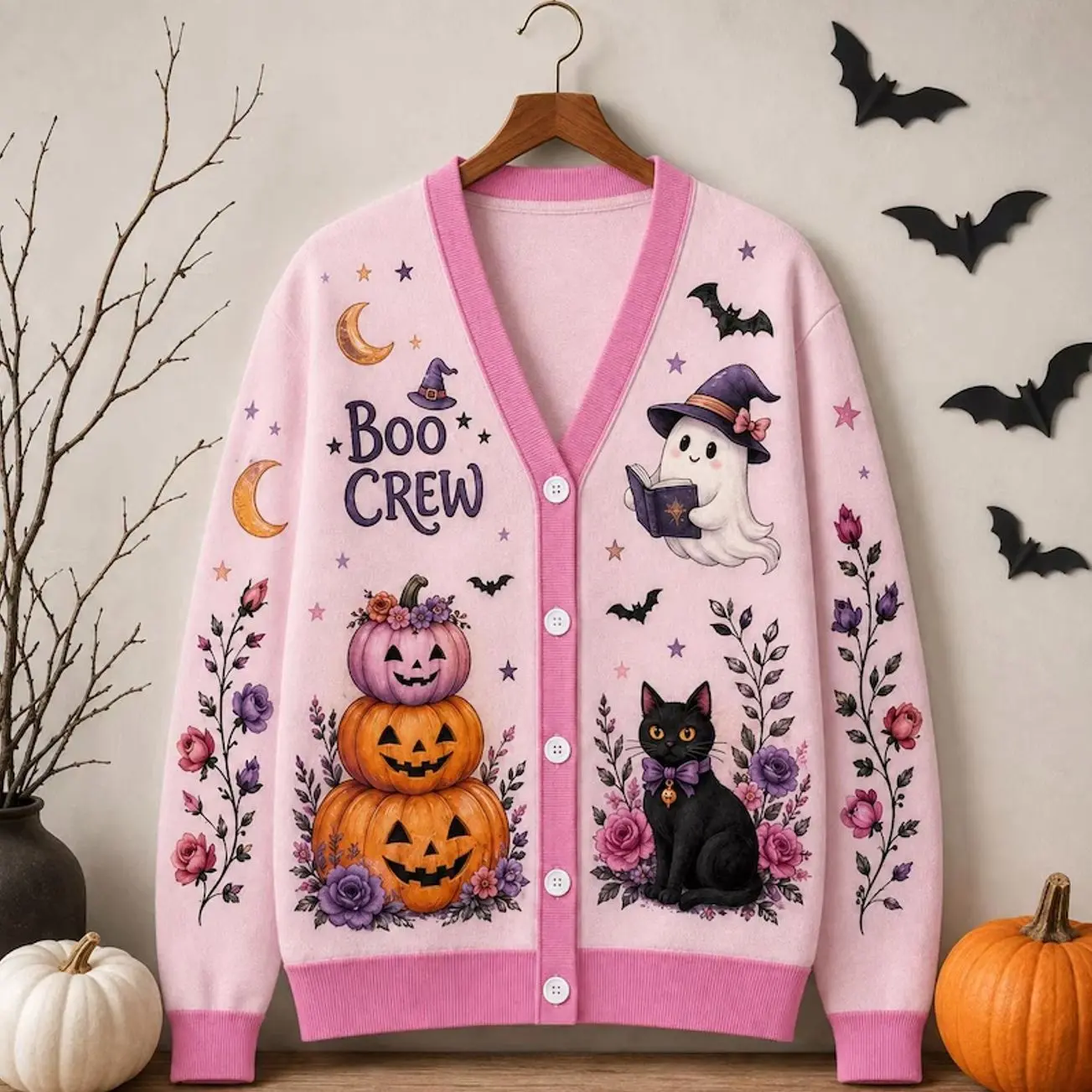 Pink Boo Crew Halloween Cardigan Jacket, Ghost Reader, Floral Black Cat, Pumpkin Stack