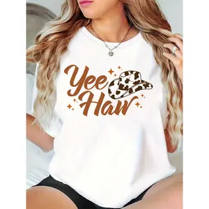 Women's Yee Haw Cow Print Cowboy Hat & Stars Graphic T - Shirt, Casual Western Rodeo Country Music Festival Daily Tee for Ladies Teens 100% Cotton T-shirt