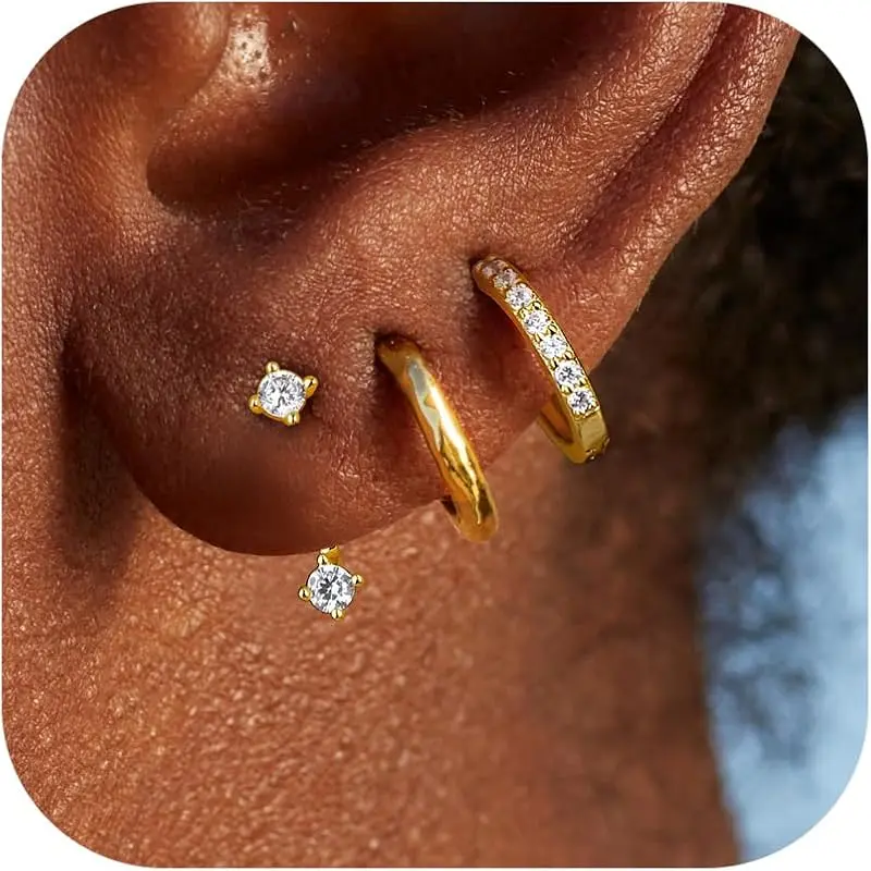 Gold : 2 Pairs Hoops + 1 Pair CZ Studs