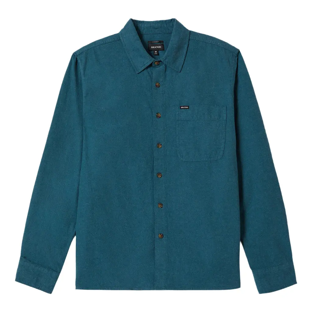 Brixton Men's Hasting Heather Kapok Flannel Shirt, a 50s-Inspired Long Sleeve Casual Cotton Workshirt with a Straight Hem, Longsleeves, 50S Look, Seamless, Plain, Hemmed Long-Sleeve Casual Shirts, Menswear, Pocket