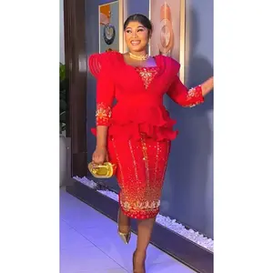 Red Dramatic Ruffle Shoulder Rhinestone-Embellished Peplum Midi Dress: Wedding Guest Cocktail Birthday Dinner