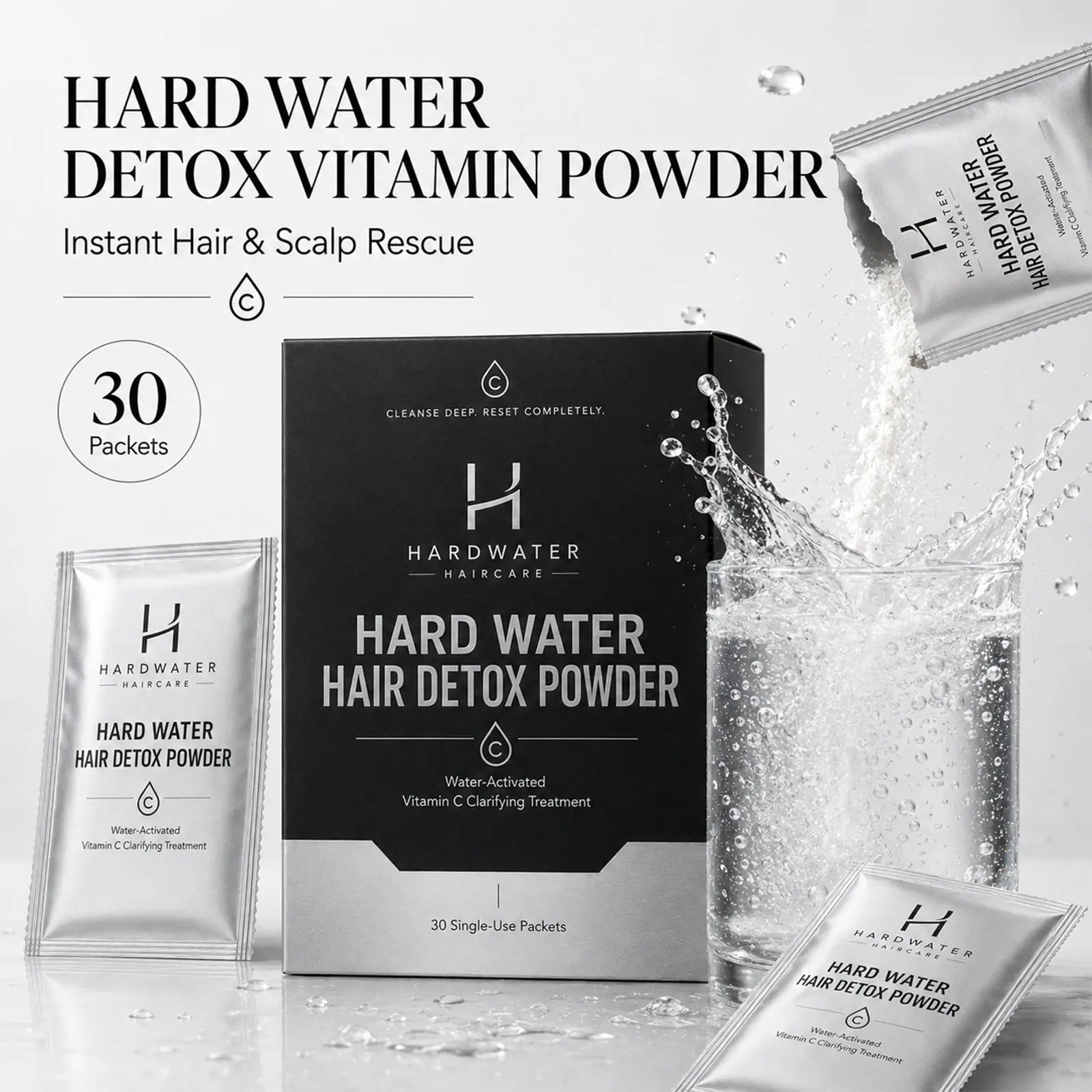 Hard Water Detox Vitamin Powder Packet (30-Pack) - Vitamin C & Chelating Scalp Treatment for Hair Loss, Scalp Itching & Brassiness, Anti-Hard Water Fizzing Powder for Calcium & Rust Removal, Sulfate-Free