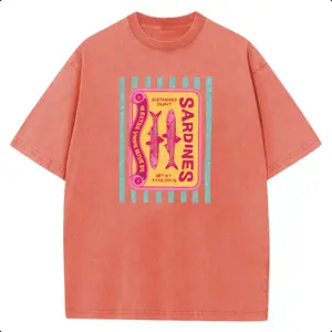 Holafish Vintage Sardines Print Washed T-Shirt, Sustainable Caught Sardines Retro Graphic Tee, Casual Loose Short Sleeve Top 2026 New Color Scheme