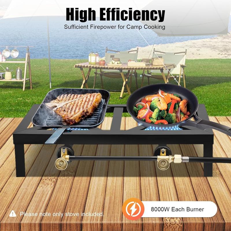 Double Burner Gas Stove, 8000W Portable Outdoor Propane Stove with Adjustable 0-10Psi Regulator Hose for Patio Camping, BBQ, Home Brewing, Turkey Fry, Maple Syrup Prep