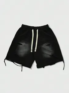 Men's Black Distressed Shorts, Gradient Washed Cut-Off Drawstring Waist Casual Pants, Street Style Athletic Shorts, Suitable For Summer Daily Wear, Menswear