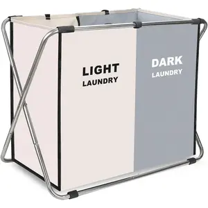 Laundry Cloth Hamper Sorter Basket Bin Foldable 2 Sections with stainless Frame Dirty Clothes Bag for Bedroom Home Basket (White+gray, 2 Sections)